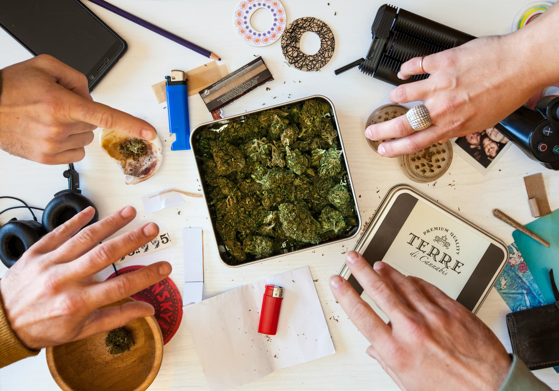 Overhead view of hands working at a cannabis preparation table